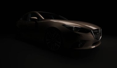 Almat, Kazakistan - 2 Şubat 2019: Boya parlatma ve kaplama sonrası arka kırmızı boya yansıması ile Mazda 3 modern sportif hatchback. 3d render