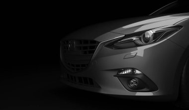 Almat, Kazakistan - 2 Şubat 2019: Boya parlatma ve kaplama sonrası arka kırmızı boya yansıması ile Mazda 3 modern sportif hatchback. 3d render