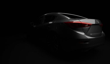 Almat, Kazakistan - 2 Şubat 2019: Boya parlatma ve kaplama sonrası arka kırmızı boya yansıması ile Mazda 3 modern sportif hatchback. 3d render