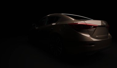 Almat, Kazakistan - 2 Şubat 2019: Boya parlatma ve kaplama sonrası arka kırmızı boya yansıması ile Mazda 3 modern sportif hatchback. 3d render