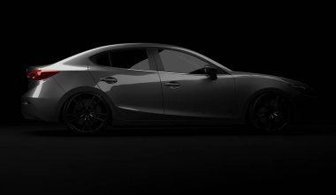 Almat, Kazakistan - 2 Şubat 2019: Boya parlatma ve kaplama sonrası arka kırmızı boya yansıması ile Mazda 3 modern sportif hatchback. 3d render