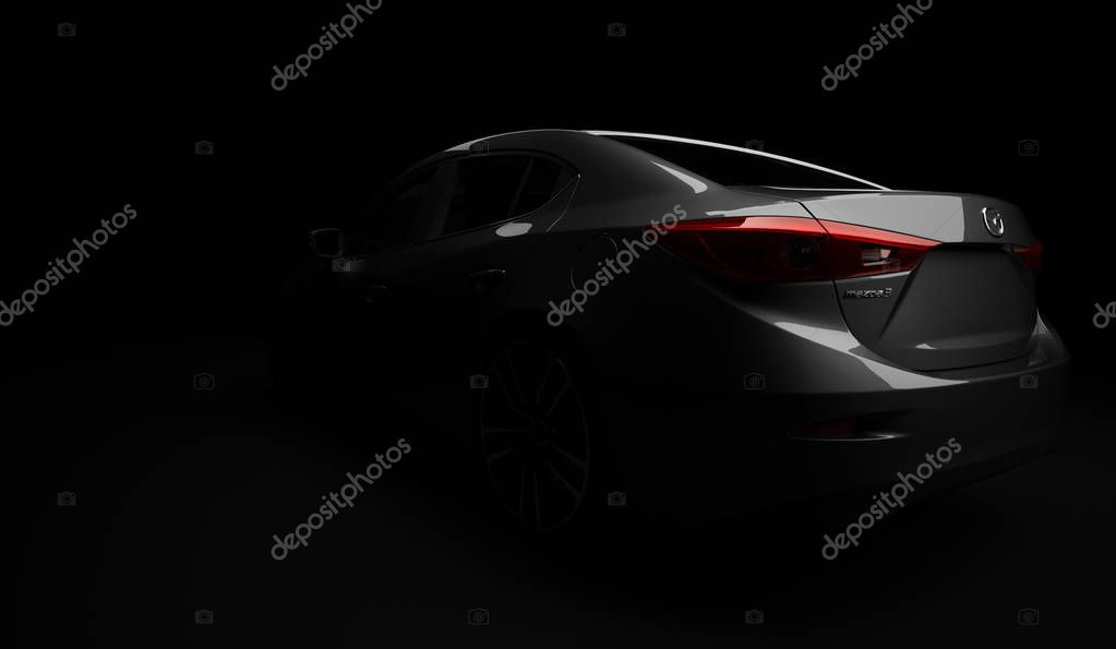 Almaty, Kazakhstan - FEBRUARY 2, 2019: Mazda 3 modern sporty hatchback with reflection on rear red paint after paint polishing and coating. 3d render