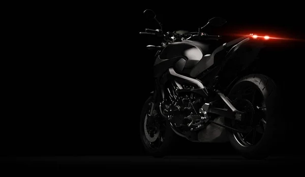 Partea detaliată a motocicletei negre pe fundal întunecat - redare 3D — Fotografie, imagine de stoc