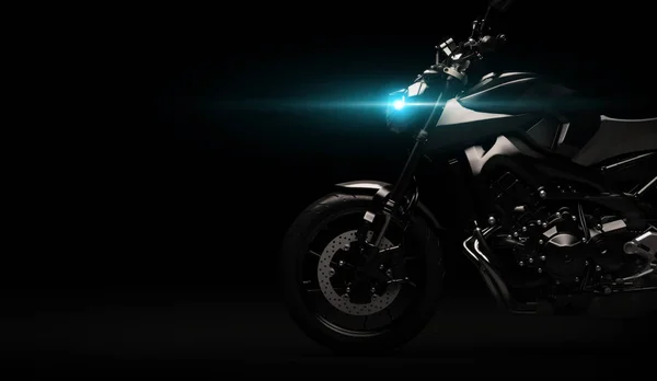 Fekete motorkerékpár részletesen része a sötét háttér-3D render — Stock Fotó