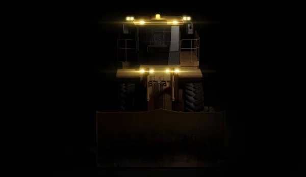 Schwere Bulldozer-Baumaschinen auf schwarzem Hintergrund. 3D-Darstellung — Stockfoto
