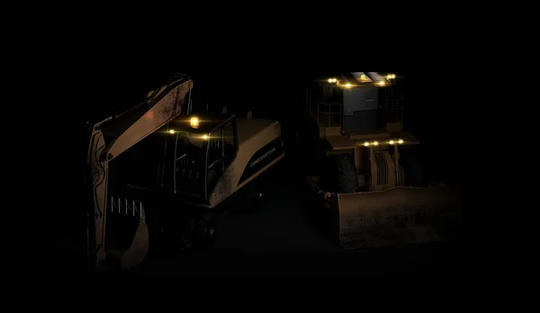 Escavatore idraulico con benna e bulldozer pesante su fondo nero. Rendering 3D — Foto Stock