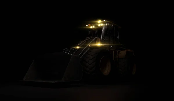 Schwere Bulldozer-Baumaschinen auf schwarzem Hintergrund. 3D-Darstellung — Stockfoto