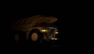 Siyah arka planda izole edilmiş büyük boş madencilik damperli kamyon. Düşük açı. 3d illüstrasyon