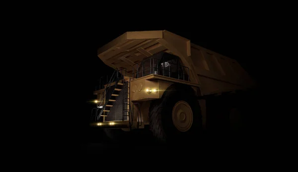 Enorme camion scarico minerario vuoto isolato su sfondo nero. Angolo basso. Illustrazione 3d — Foto Stock