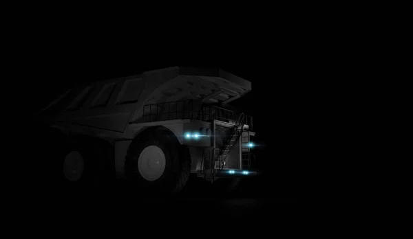 Enorme camion scarico minerario vuoto isolato su sfondo nero. Angolo basso. Illustrazione 3d — Foto Stock