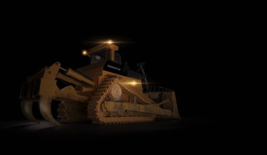 Koyu arka planda kürek ile ağır ekskavatör. Düşük açı. 3d render