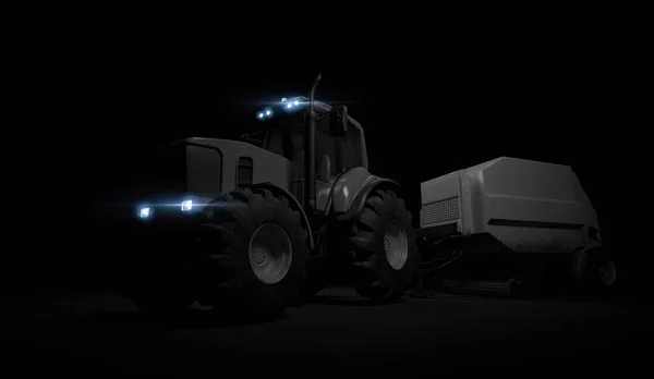 黒い背景に立っている新しいトラクター、ヘッドライトがクローズアップされた現代の農業輸送。3D レンダリング. — ストック写真