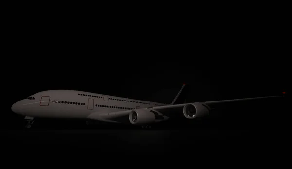 Nagy utasszállító repülőgép Airbus parkol fekete háttér. 3D-renderelés — Stock Fotó