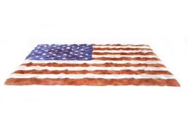 Beyaz arka planda izole edilmiş, Amerikan bayrağı desenli tüylü bir halı. İç mekan. 3d hazırlayıcı