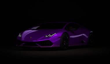 Almaty, Kazakhstan. Juli 05: Lamborghini Huracan. luxury stylish sport car on dark, black background. 3D render