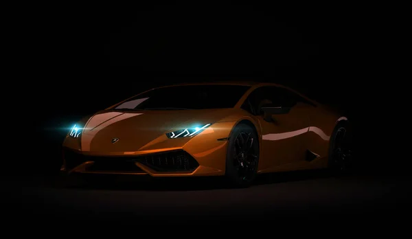 Αλμάτι, Καζακστάν. Lamborghini Huracan. πολυτελές κομψό σπορ αυτοκίνητο σε σκούρο, μαύρο φόντο. 3D απόδοση — Φωτογραφία Αρχείου