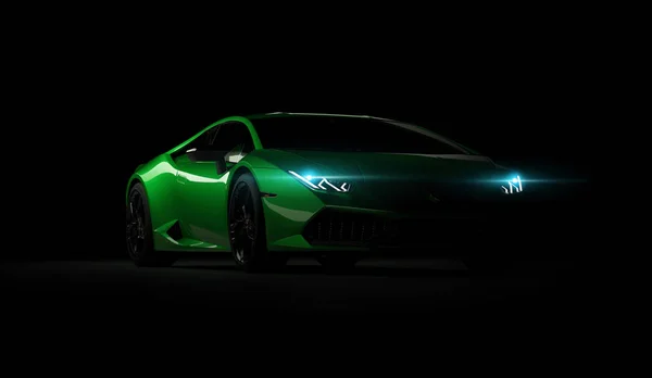 Almaty, Kasachstan. Juli 05: Lamborghini Huracan. Luxus stilvoller Sportwagen auf dunklem, schwarzem Hintergrund. 3D-Renderer — Stockfoto