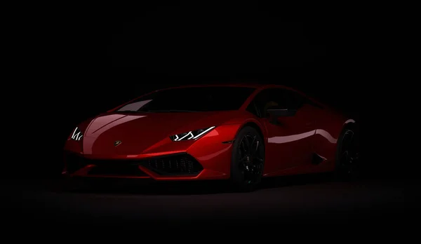 Almati, Kazahsztán. Lamborghini Huracan vagyok. luxus stílusos sport autó sötét, fekete háttér. 3D renderelés — Stock Fotó