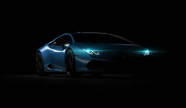 哈萨克斯坦阿拉木图。Juli 05：Lamborghini Huracan 。深色黑色背景的豪华跑车。3D渲染 — 图库照片