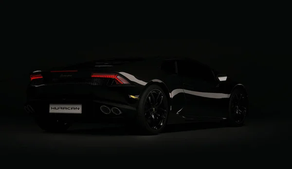哈萨克斯坦阿拉木图。Juli 05：Lamborghini Huracan 。深色黑色背景的豪华跑车。3D渲染 — 图库照片