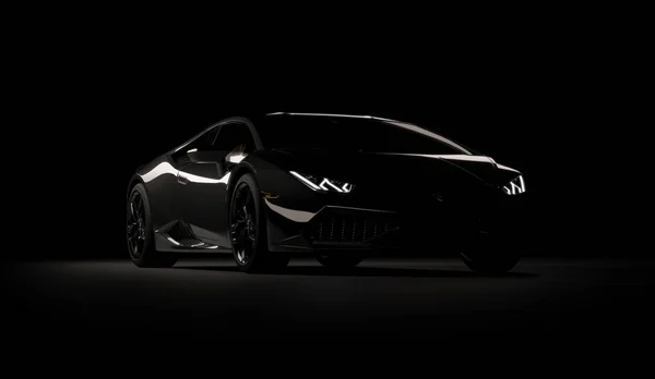 哈萨克斯坦阿拉木图。Juli 05：Lamborghini Huracan 。深色黑色背景的豪华跑车。3D渲染 — 图库照片