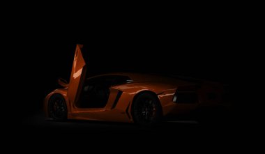 Almaty, Kazakistan. - Lamborghini Aventador. Siyah arka planda lüks bir spor araba. 3d hazırlayıcı