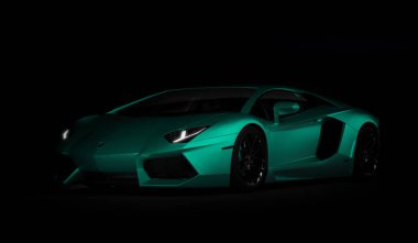 Almaty, Kazakistan. - Lamborghini Aventador. Siyah arka planda lüks bir spor araba. 3d hazırlayıcı