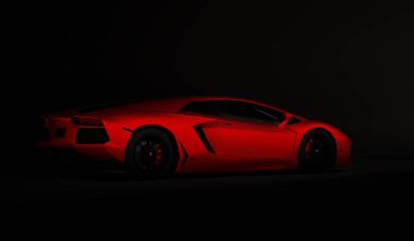 Almaty, Kazakistan. - Lamborghini Aventador. Siyah arka planda lüks bir spor araba. 3d hazırlayıcı