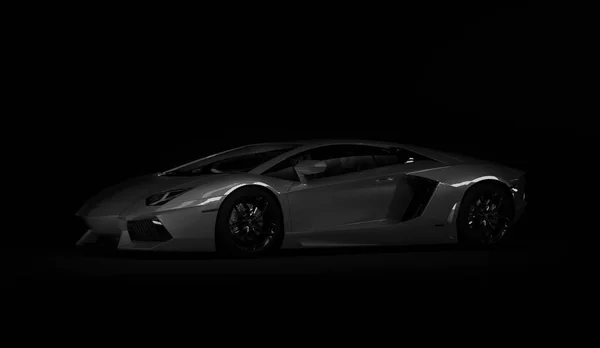 Almati, Kazahsztán. Lamborghini Aventador vagyok. luxus stílusos sport autó sötét, fekete háttér. 3d renderelés — Stock Fotó