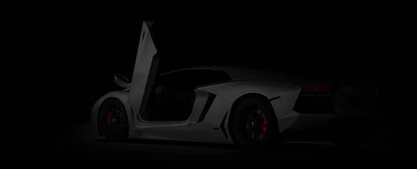 Almaty, Kazachstán. Lamborghini Aventador. luxusní stylové sportovní auto na tmavém, černém pozadí. 3D vykreslení — Stock fotografie