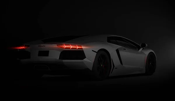 Almaty, Kazajstán. Julio 08: Lamborghini Aventador. lujoso coche deportivo con estilo sobre fondo negro oscuro. Renderizado 3D — Foto de Stock