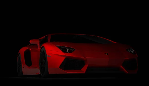 哈萨克斯坦阿拉木图。 Juli 08: Lamborghini Aventador 。 深色黑色背景的豪华跑车。 3D渲染 — 图库照片