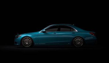 Almaty, Kazakistan - 16 Temmuz 2019: Mercedes-Benz S-sınıfı lüks lüks birinci sınıf birinci sınıf araba, w222, koyu arka planda. 3d hazırlayıcı