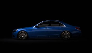 Almaty, Kazakistan - 16 Temmuz 2019: Mercedes-Benz S-sınıfı lüks lüks birinci sınıf birinci sınıf araba, w222, koyu arka planda. 3d hazırlayıcı