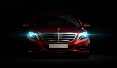 Almaty, Kazakistan - 16 Temmuz 2019: Mercedes-Benz S-sınıfı lüks lüks birinci sınıf birinci sınıf araba, w222, koyu arka planda. 3d hazırlayıcı