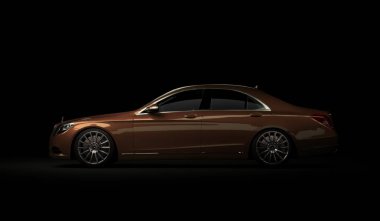 Almaty, Kazakistan - 16 Temmuz 2019: Mercedes-Benz S-sınıfı lüks lüks birinci sınıf birinci sınıf araba, w222, koyu arka planda. 3d hazırlayıcı