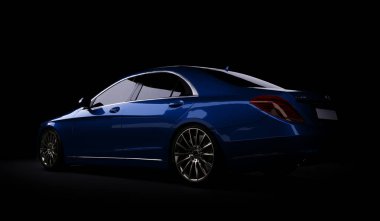 Almaty, Kazakistan - 16 Temmuz 2019: Mercedes-Benz S-sınıfı lüks lüks birinci sınıf birinci sınıf araba, w222, koyu arka planda. 3d hazırlayıcı