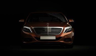 Almaty, Kazakistan - 16 Temmuz 2019: Mercedes-Benz S-sınıfı lüks lüks birinci sınıf birinci sınıf araba, w222, koyu arka planda. 3d hazırlayıcı