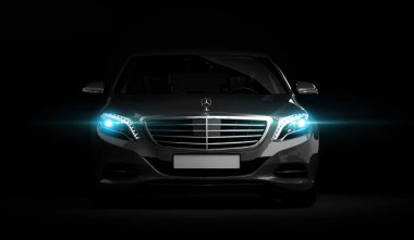 Almaty, Kazakistan - 16 Temmuz 2019: Mercedes-Benz S-sınıfı lüks lüks birinci sınıf birinci sınıf araba, w222, koyu arka planda. 3d hazırlayıcı