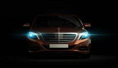 Almaty, Kazakistan - 16 Temmuz 2019: Mercedes-Benz S-sınıfı lüks lüks birinci sınıf birinci sınıf araba, w222, koyu arka planda. 3d hazırlayıcı