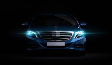 Almaty, Kazakistan - 16 Temmuz 2019: Mercedes-Benz S-sınıfı lüks lüks birinci sınıf birinci sınıf araba, w222, koyu arka planda. 3d hazırlayıcı