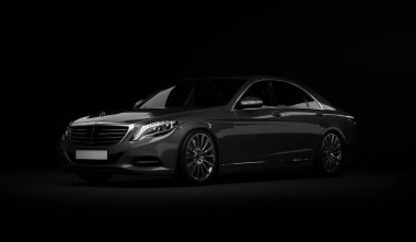 Almaty, Kazakistan - 16 Temmuz 2019: Mercedes-Benz S-sınıfı lüks lüks birinci sınıf birinci sınıf araba, w222, koyu arka planda. 3d hazırlayıcı