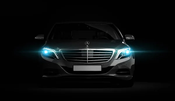 Almaty, Kazakistan - 16 Temmuz 2019: Mercedes-Benz S-sınıfı lüks lüks birinci sınıf birinci sınıf araba, w222, koyu arka planda. 3d hazırlayıcı
