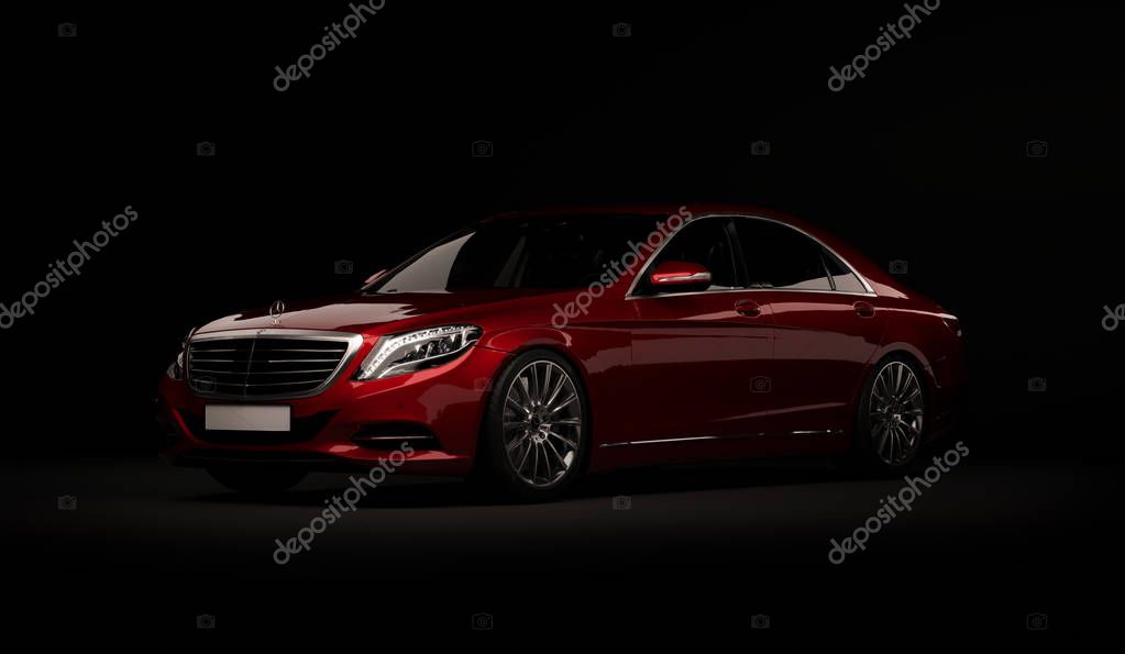 Almaty, Kazakhstan - Juli 16, 2019: Mercedes-Benz S-class S500 AMG stylish luxury business class car, w222, on dark background. 3d render
