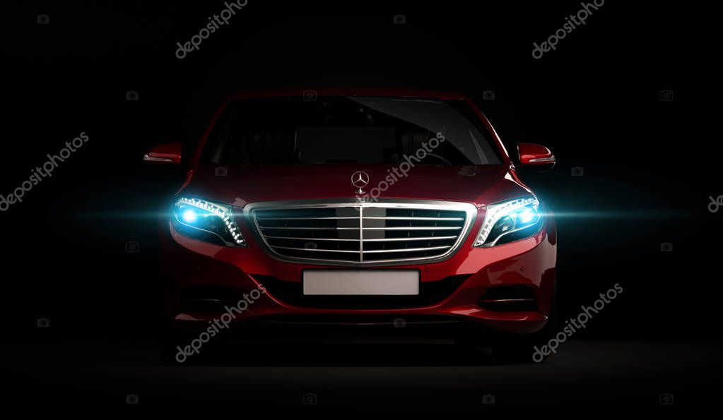 Almaty, Kazakhstan - Juli 16, 2019: Mercedes-Benz S-class S500 AMG stylish luxury business class car, w222, on dark background. 3d render