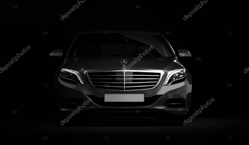 Almaty, Kazakhstan - Juli 16, 2019: Mercedes-Benz S-class S500 AMG stylish luxury business class car, w222, on dark background. 3d render