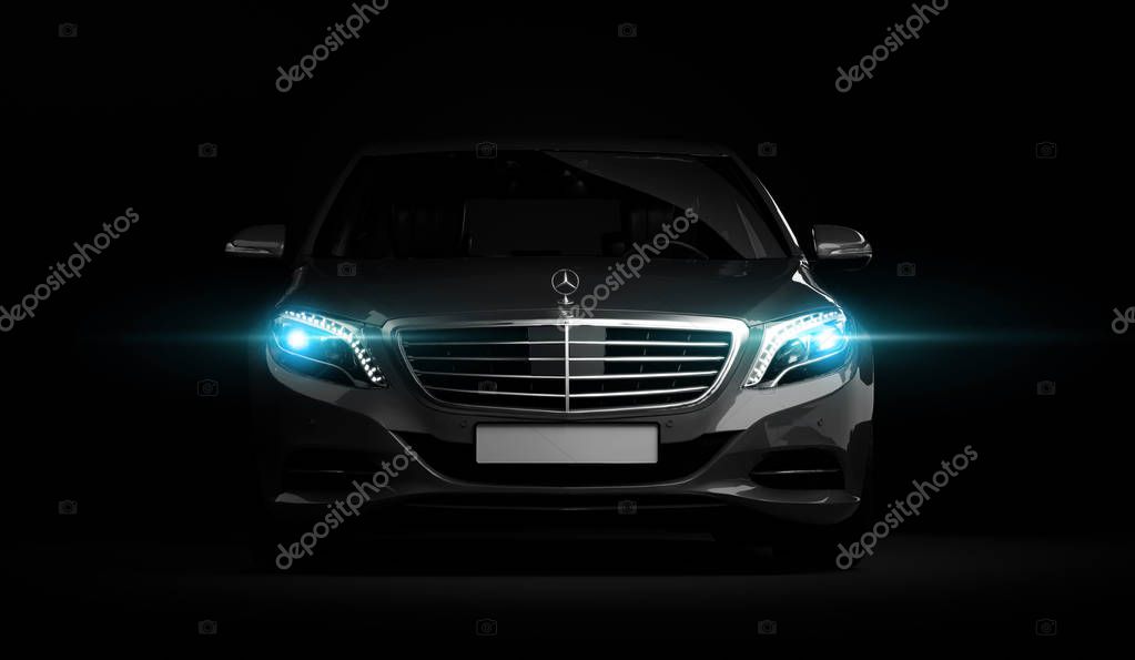 Almaty, Kazakhstan - Juli 16, 2019: Mercedes-Benz S-class S500 AMG stylish luxury business class car, w222, on dark background. 3d render