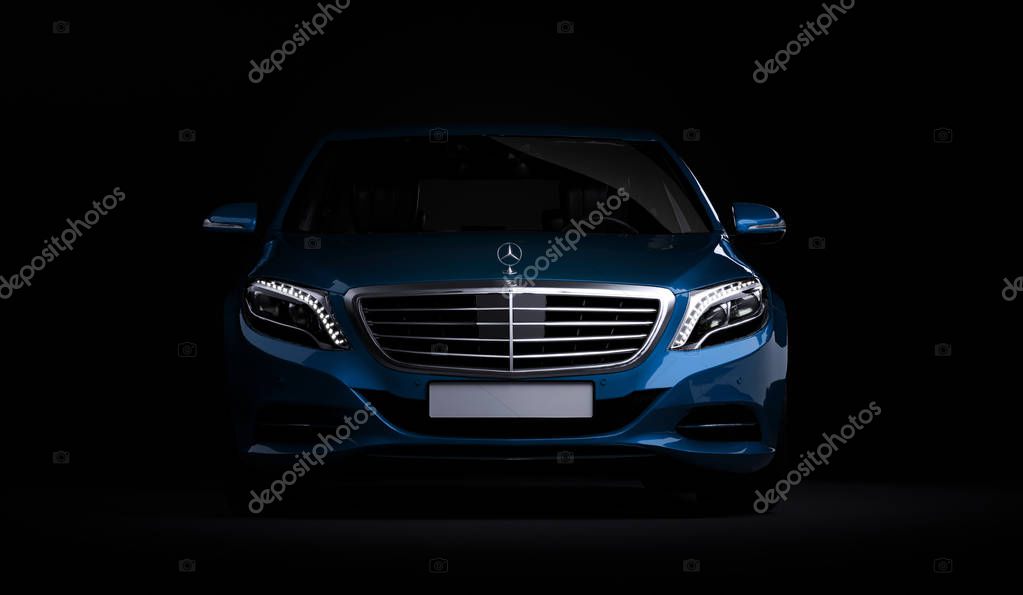 Almaty, Kazakhstan - Juli 16, 2019: Mercedes-Benz S-class S500 AMG stylish luxury business class car, w222, on dark background. 3d render