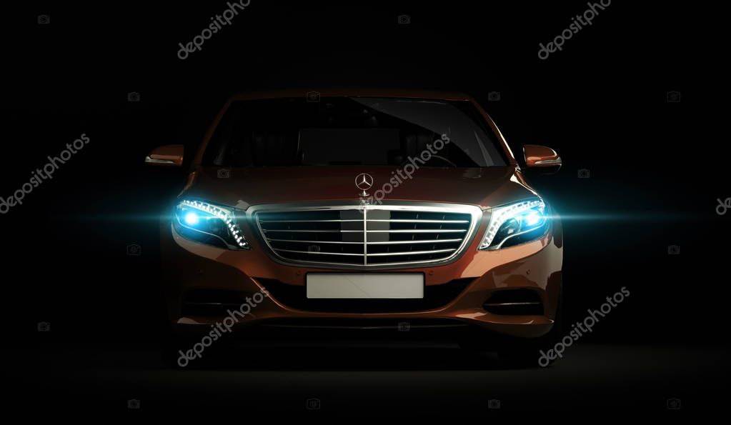 Almaty, Kazakhstan - Juli 16, 2019: Mercedes-Benz S-class S500 AMG stylish luxury business class car, w222, on dark background. 3d render