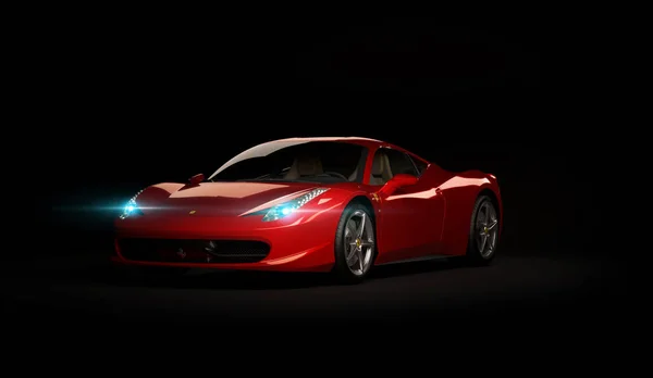 Almaty, Kazakhstan. Juli 25, 2019: Ferrari 458 Italia Pininfarina. luxury stylish supercar on dark background. 3D render — Stock Photo, Image